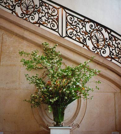 Some flowers by a staircase railing